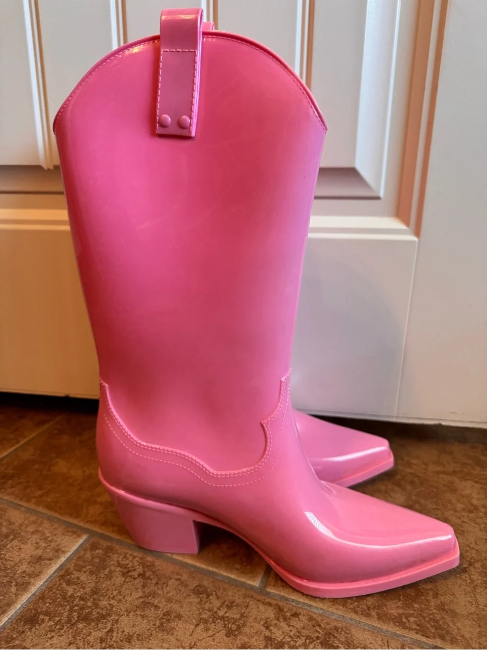 Women's Pink Glossy Mid-Calf Heel rain Boots 9